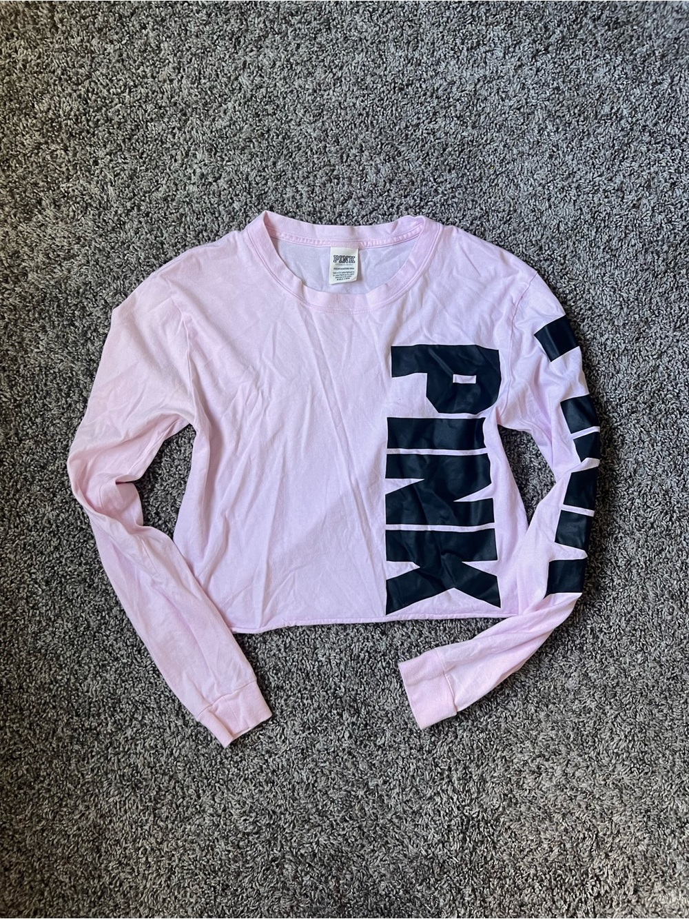 PINK Victoria's Secret Light Pink Long Sleeve Crop Tee with Black Logo
